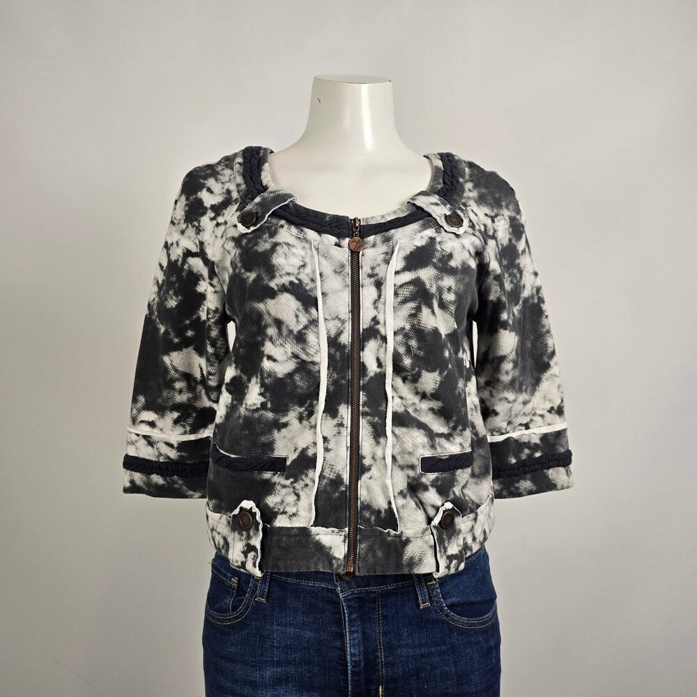 Poools Tie Dye Zip Jacket Size 8 Cropped Black White Acid Wash Short Sleeve